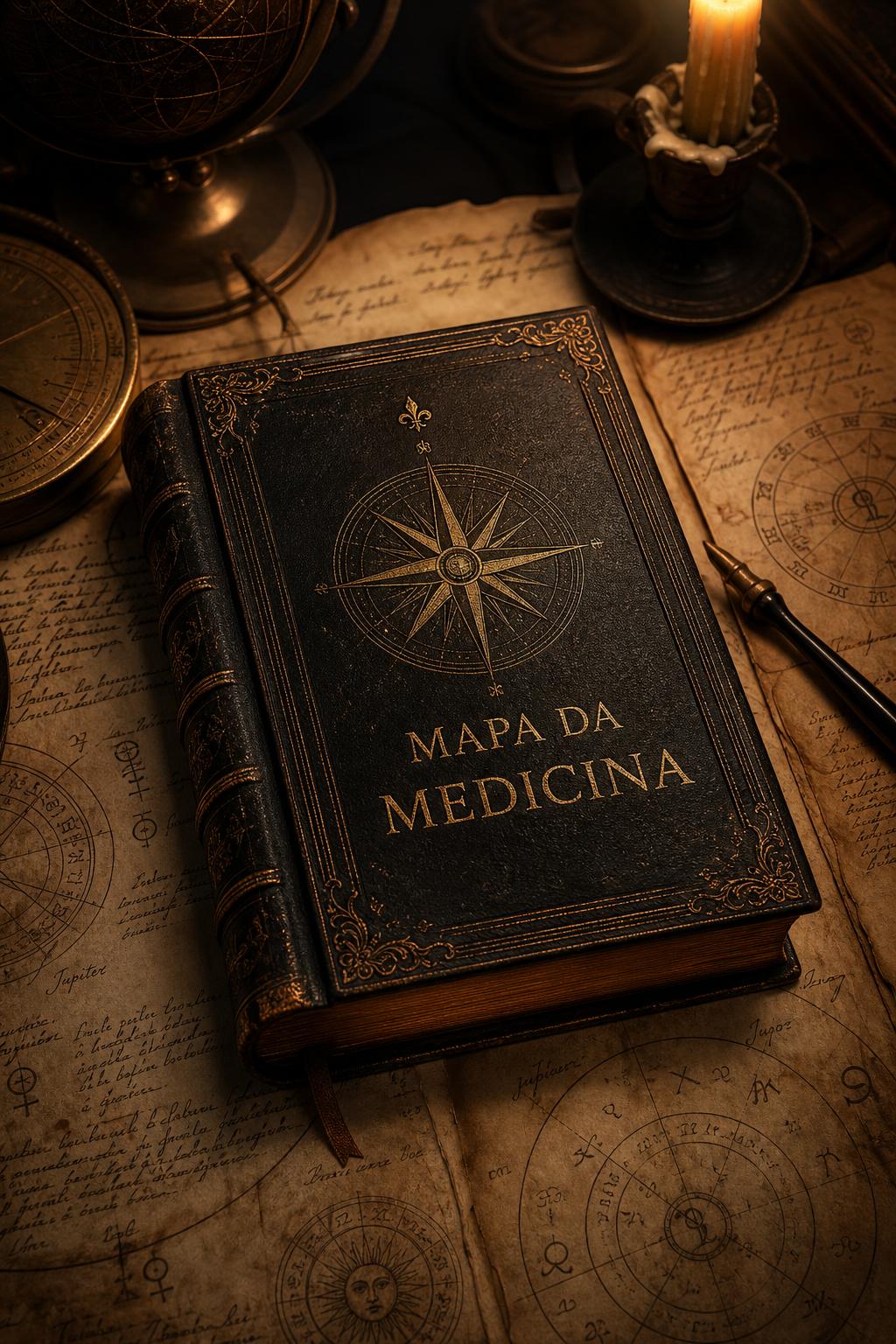 Livro encadernado em couro com a inscrição Mapa da Medicina